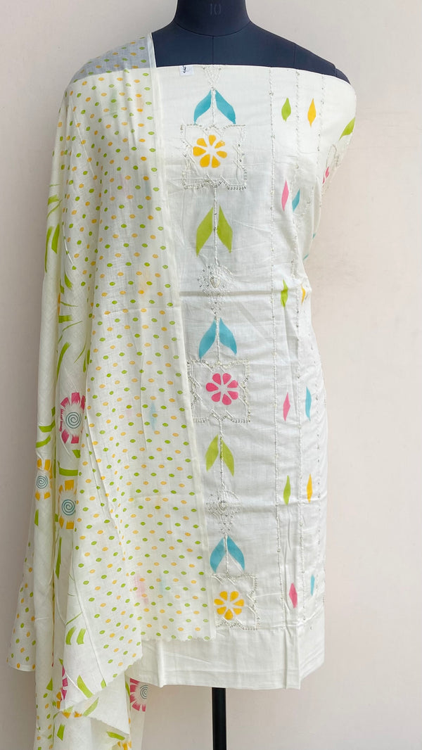 Designer Embroidered Suit Length 3 Piece Cream Mal Cotton With Sequence Work