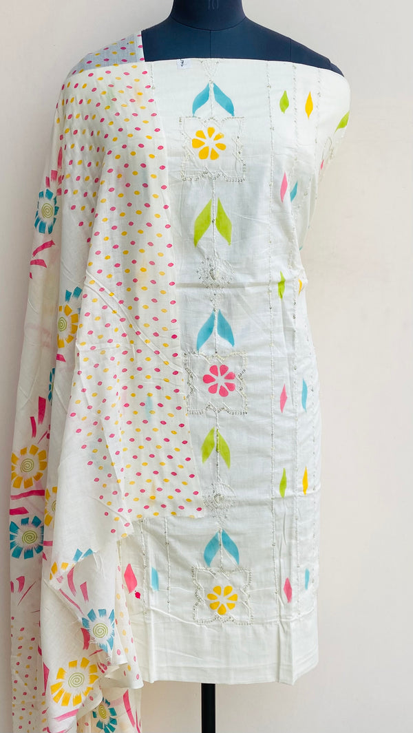 Designer Embroidered Suit Length 3 Piece Cream Mal Cotton With Sequence Work