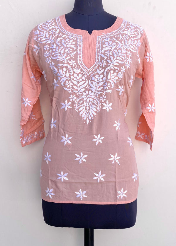 Lucknowi Chikankari Short Kurti Peach Modal Cotton