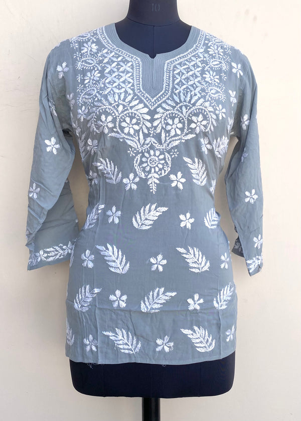 Lucknowi Chikankari Short Kurti Gray Muslin Cotton