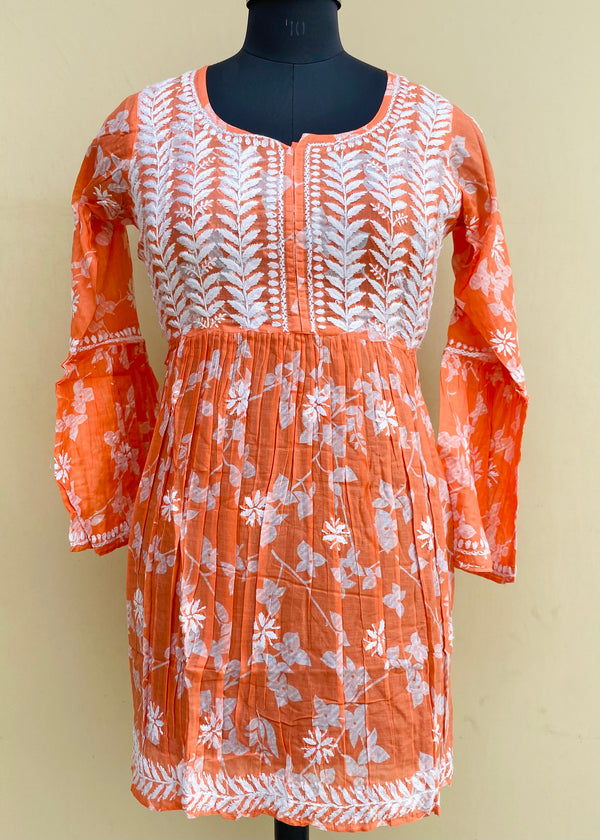 Lucknowi Chikankari Printed Short Kurti Peach Mulmul Cotton