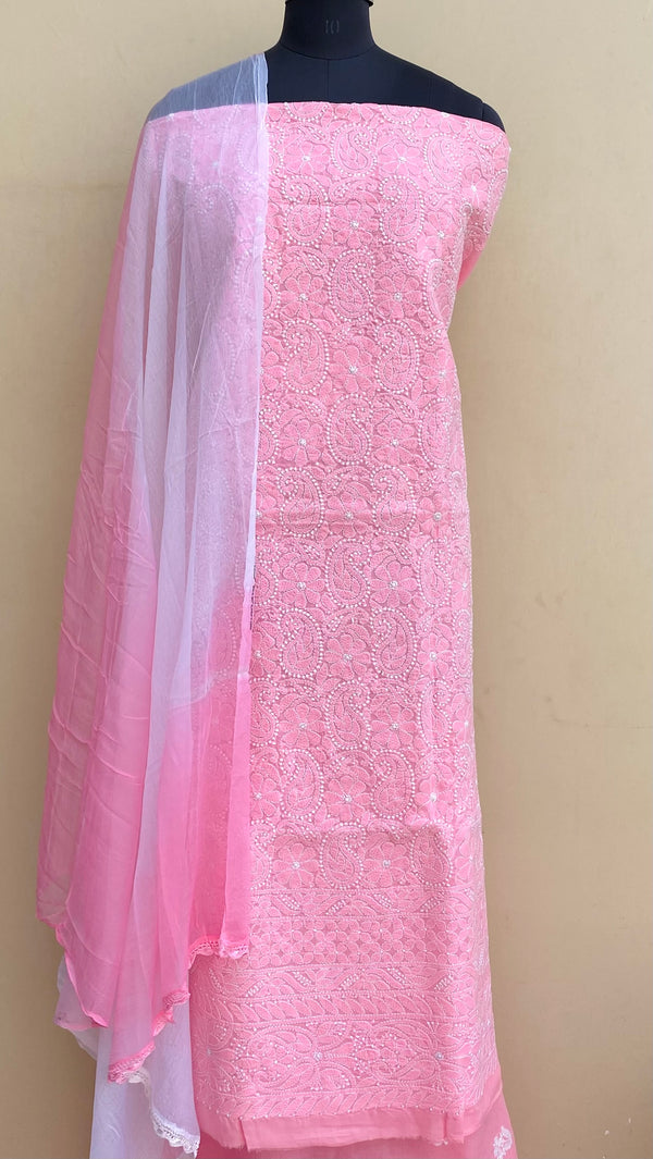 Lucknowi Chikankari Suit Length 3 Piece Pink Cotton