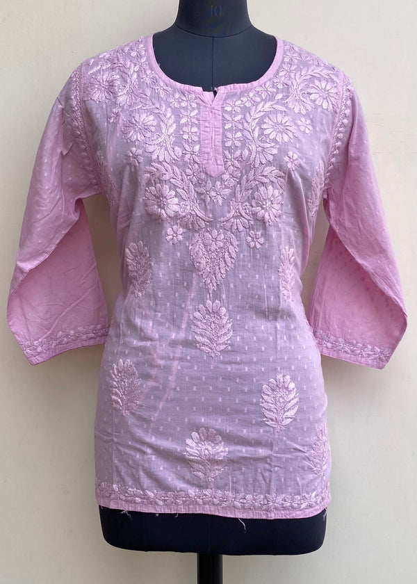 Lucknowi Chikankari Short Kurti Pink Mulmul Cotton With Self Work