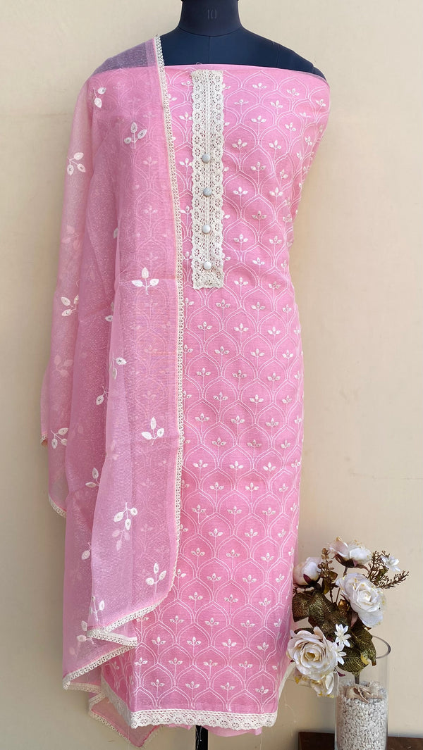 Designer Embroidered Suit Length 3 Piece Pink Kota With Sequence Work