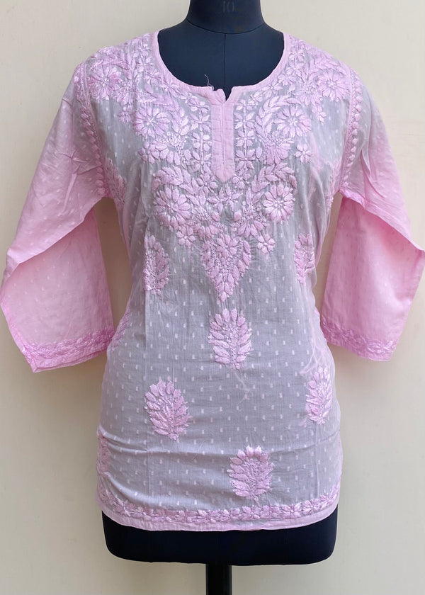 Lucknowi Chikankari Short Kurti Pink Mulmul Cotton With Self Work