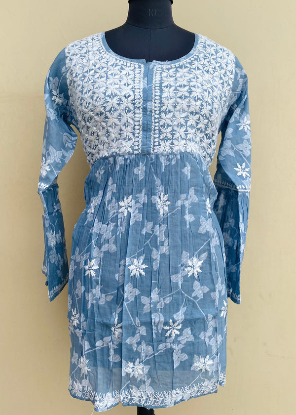 Lucknowi Chikankari Printed Short Kurti Gray Mulmul Cotton