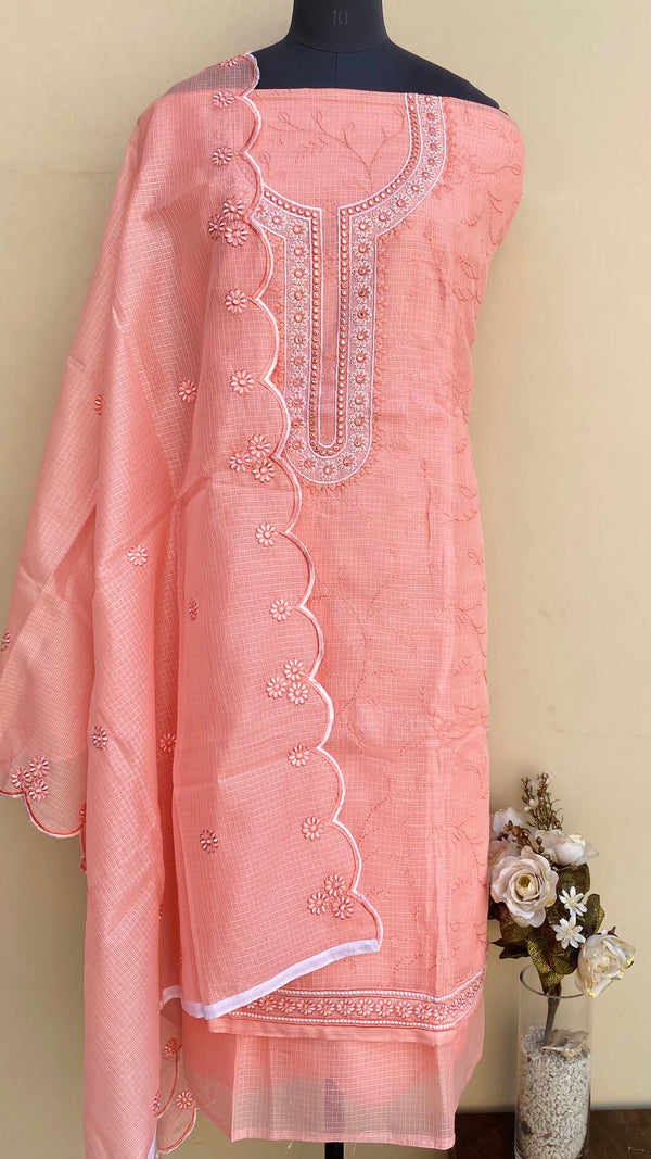 Designer Embroidered Suit Length 3 Piece Peach Kota