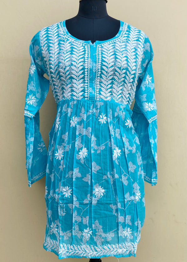 Lucknowi Chikankari Printed Short Kurti Blue Mulmul Cotton