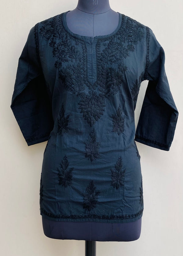 Lucknowi Chikankari Short Kurti Black Mulmul Cotton With Self Work