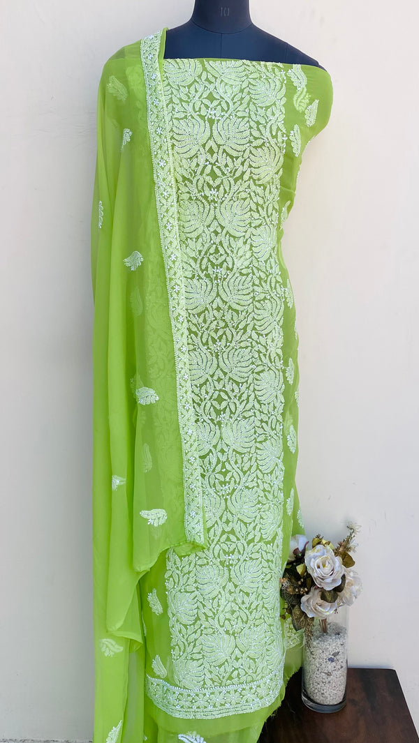 Lucknowi Chikankari Suit Length 3 Piece Parrot Green Georgette