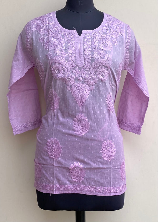 Lucknowi Chikankari Ombre Short Kurti Purple Mulmul Cotton With Self Work