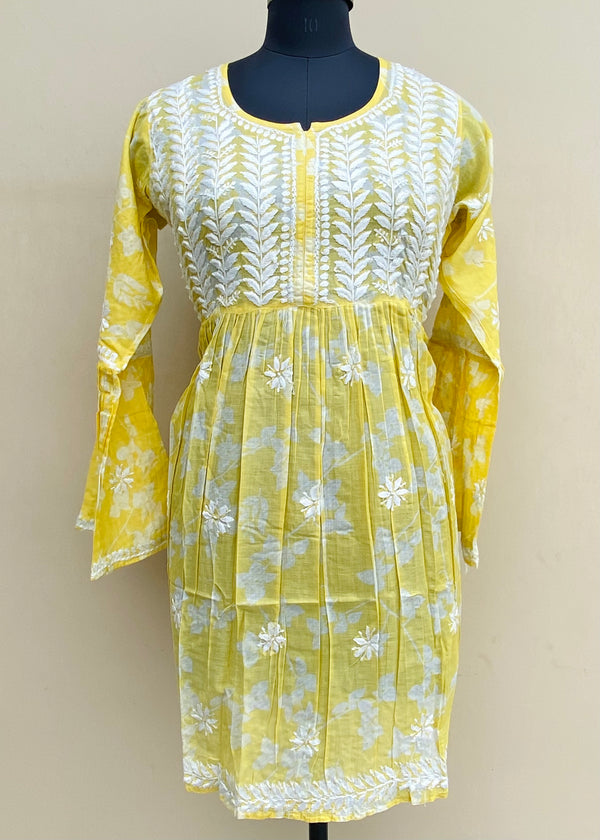 Lucknowi Chikankari Printed Short Kurti Yellow Mulmul Cotton