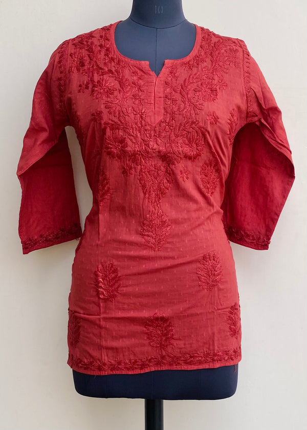 Lucknowi Chikankari Short Kurti Maroon Mulmul Cotton With Self Work