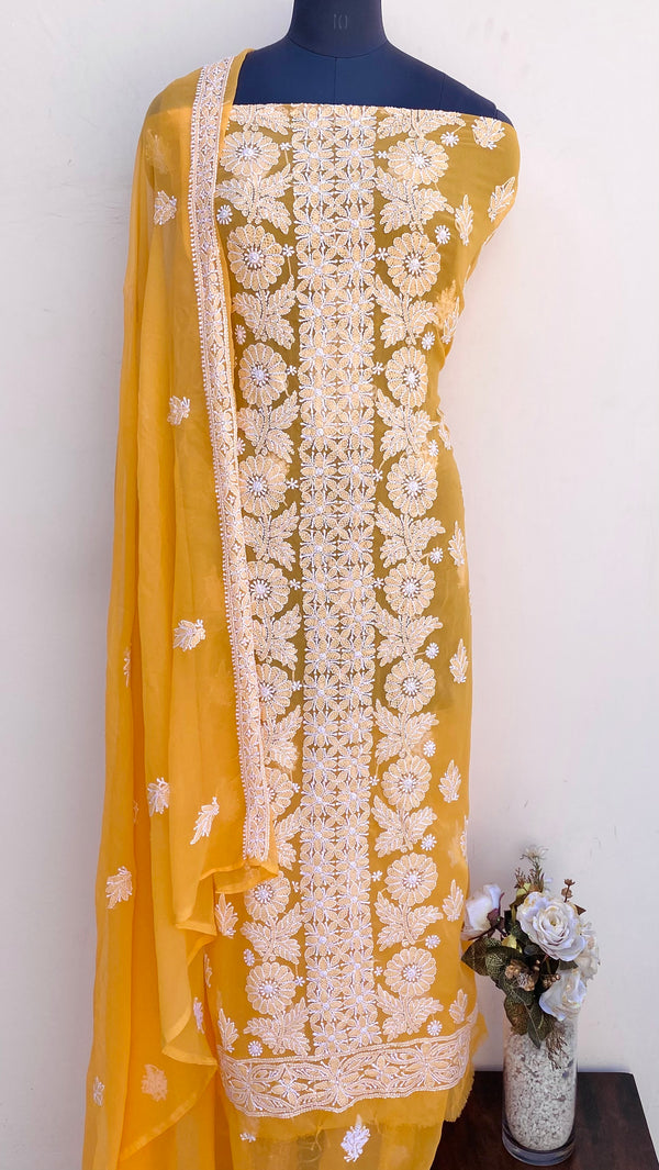 Lucknowi Chikankari Suit Length 3 Piece Mustard Georgette