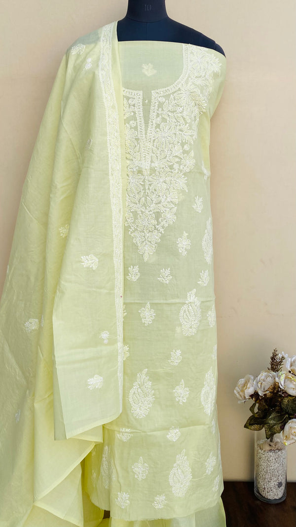 Lucknowi Chikankari Suit Length 3 Piece Lemon Yellow Cotton With Embroidered Cotton Dupatta