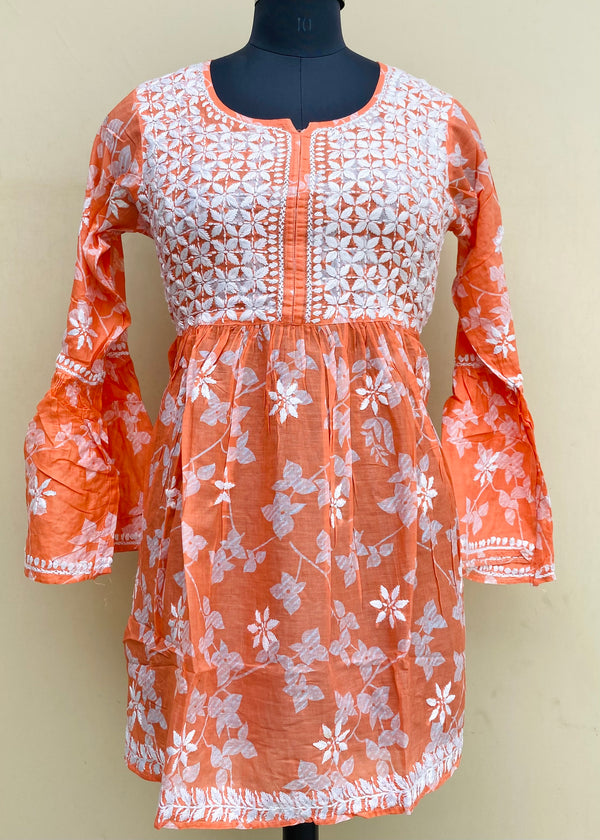 Lucknowi Chikankari Printed Short Kurti Peach Mulmul Cotton