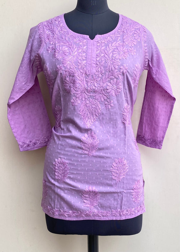 Lucknowi Chikankari Short Kurti Purple Mulmul Cotton With Self Work