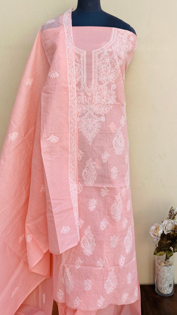 Lucknowi Chikankari Suit Length 3 Piece Peach Cotton With Embroidered Cotton Dupatta