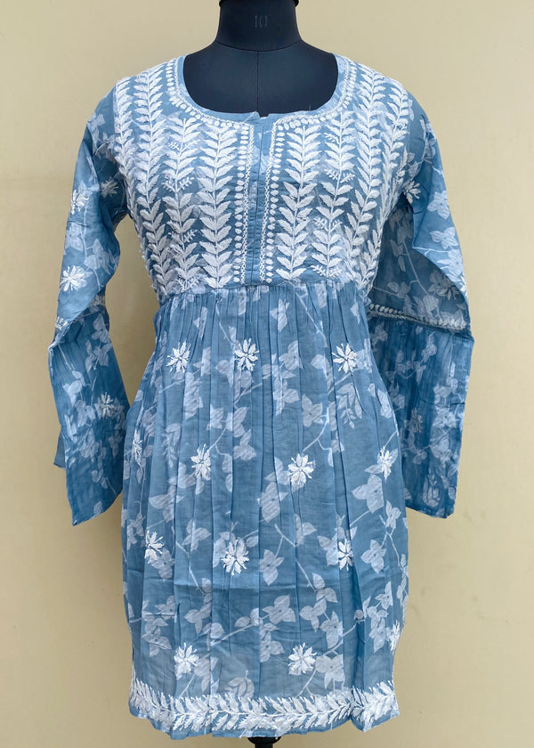 Lucknowi Chikankari Printed Short Kurti Gray Mulmul Cotton