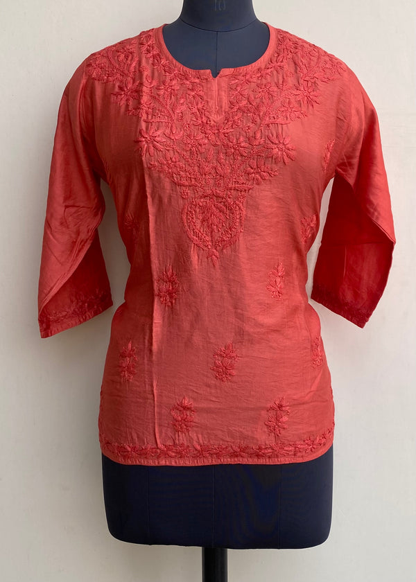 Lucknowi Chikankari Short Kurti Rust Mal Chanderi With Self Work