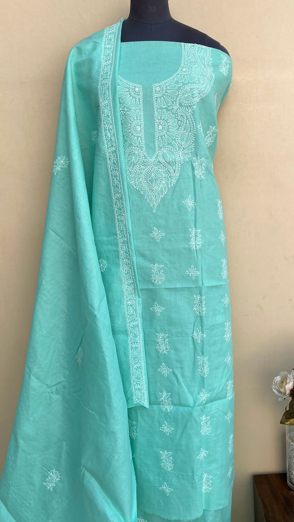 Lucknowi Chikankari Suit Length 3 Piece Sea Green Cotton With Embroidered Cotton Dupatta