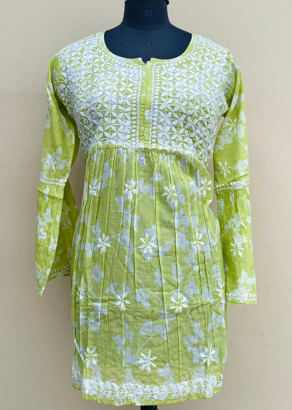 Lucknowi Chikankari Printed Short Kurti Parrot Green Mulmul Cotton