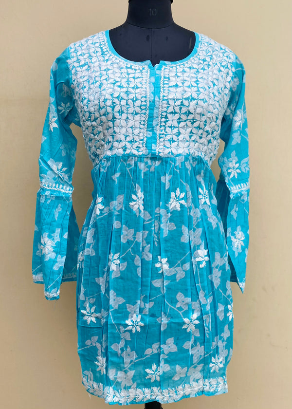 Lucknowi Chikankari Printed Short Kurti Blue Mulmul Cotton