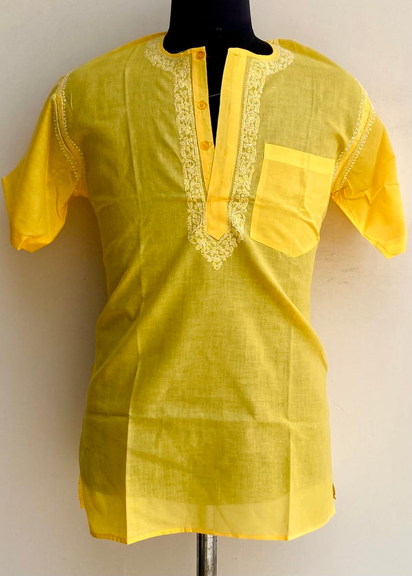 Lucknowi Chikankari Men’s Half Sleeves Short Kurta Yellow Cotton With Pocket