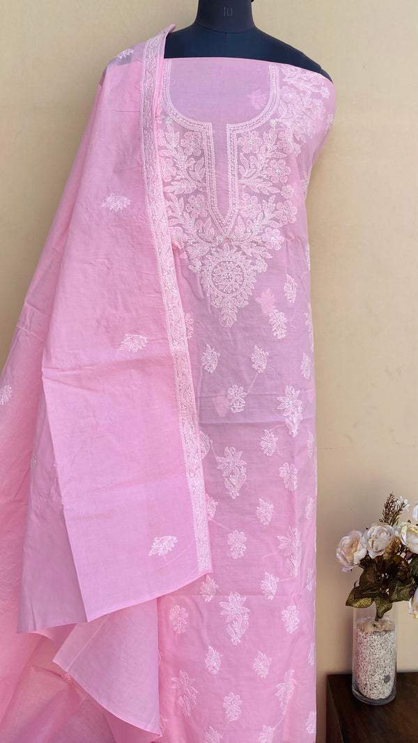 Lucknowi Chikankari Suit Length 3 Piece Pink Cotton With Embroidered Cotton Dupatta