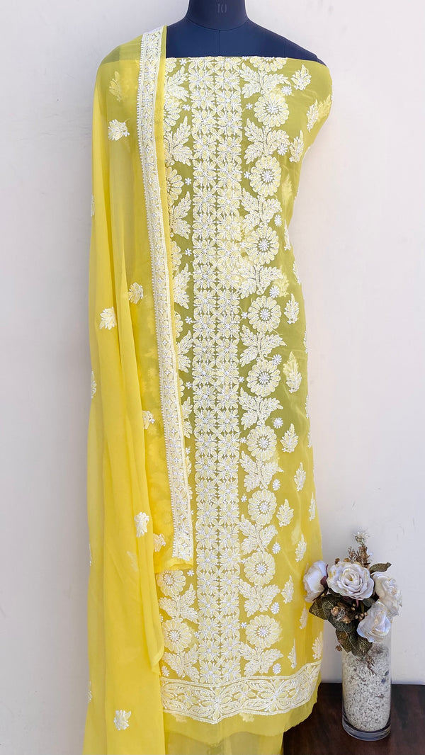 Lucknowi Chikankari Suit Length 3 Piece Yellow Georgette