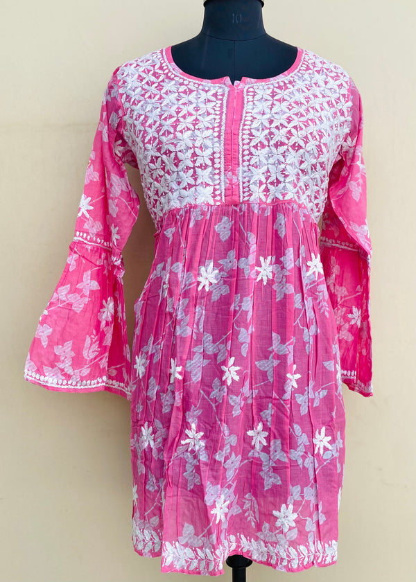 Lucknowi Chikankari Printed Short Kurti Pink  Mulmul Cotton