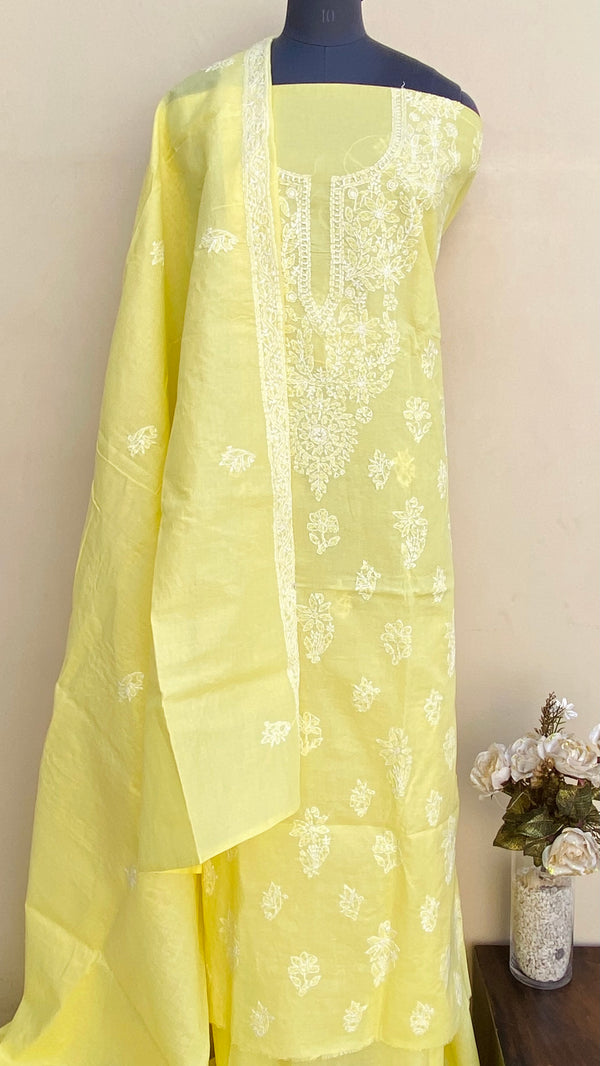 Lucknowi Chikankari Suit Length 3 Piece Yellow Cotton With Embroidered Cotton Dupatta