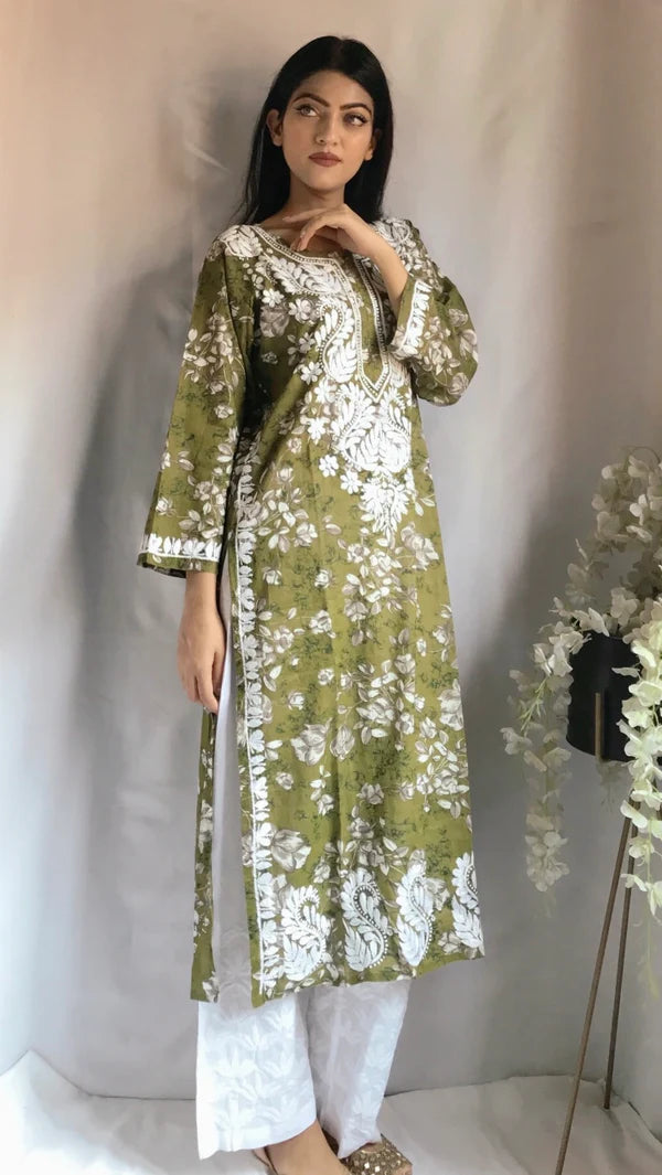 Lucknowi Chikankari Printed Kurti Mulmul Cotton