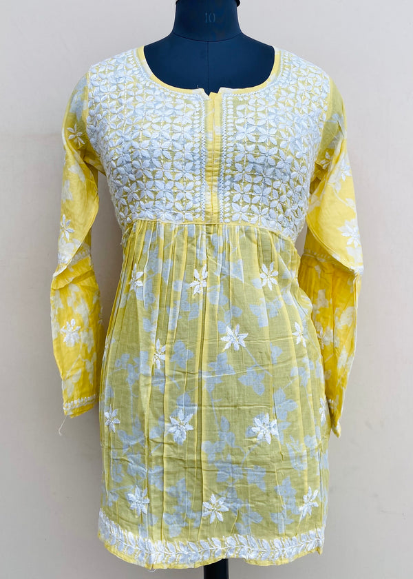 Lucknowi Chikankari Printed Short Kurti Yellow Mulmul Cotton