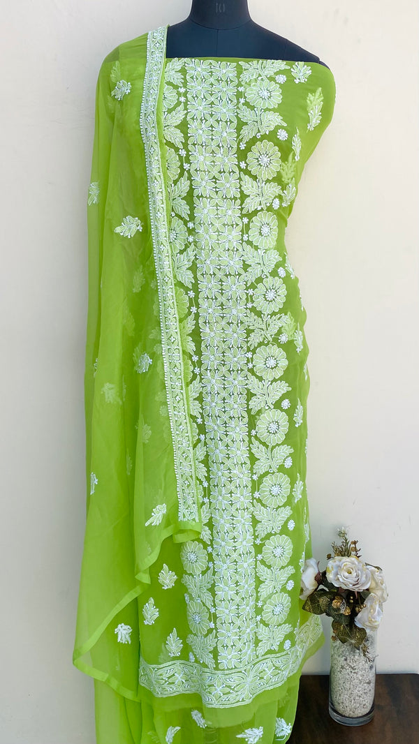 Lucknowi Chikankari Suit Length 3 Piece Parrot Green Georgette