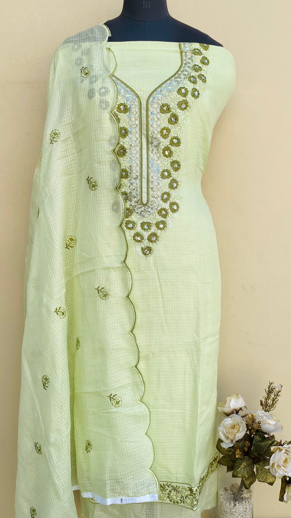 Designer Embroidered Suit Length 3 Piece Pista Green Kota With Sequence Work