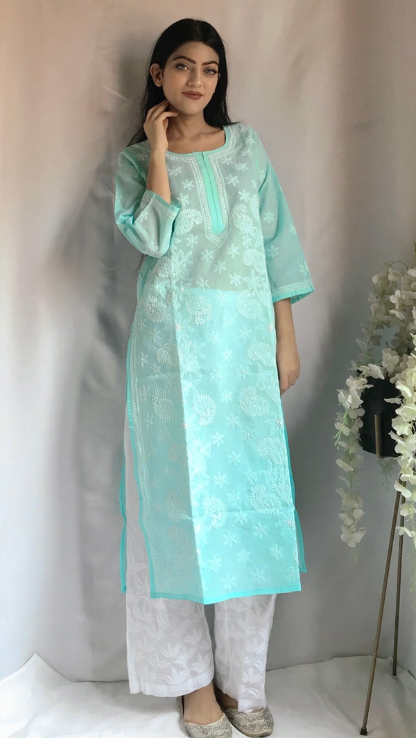 Lucknowi Chikankari Kurti Sea Green Cotton