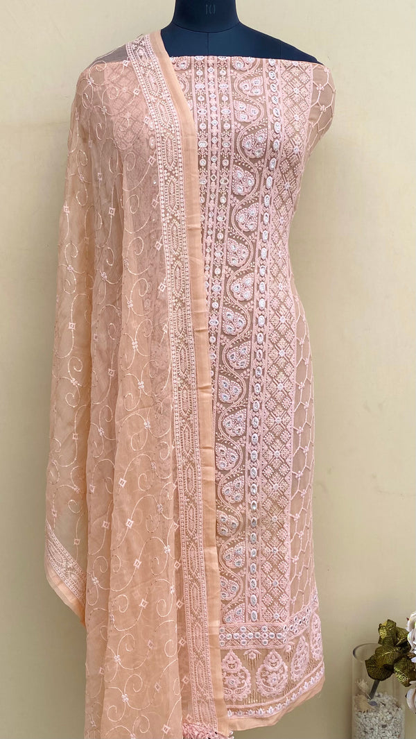 Chikankari Suit Length 3 Piece Peach Georgette With Sequence Work