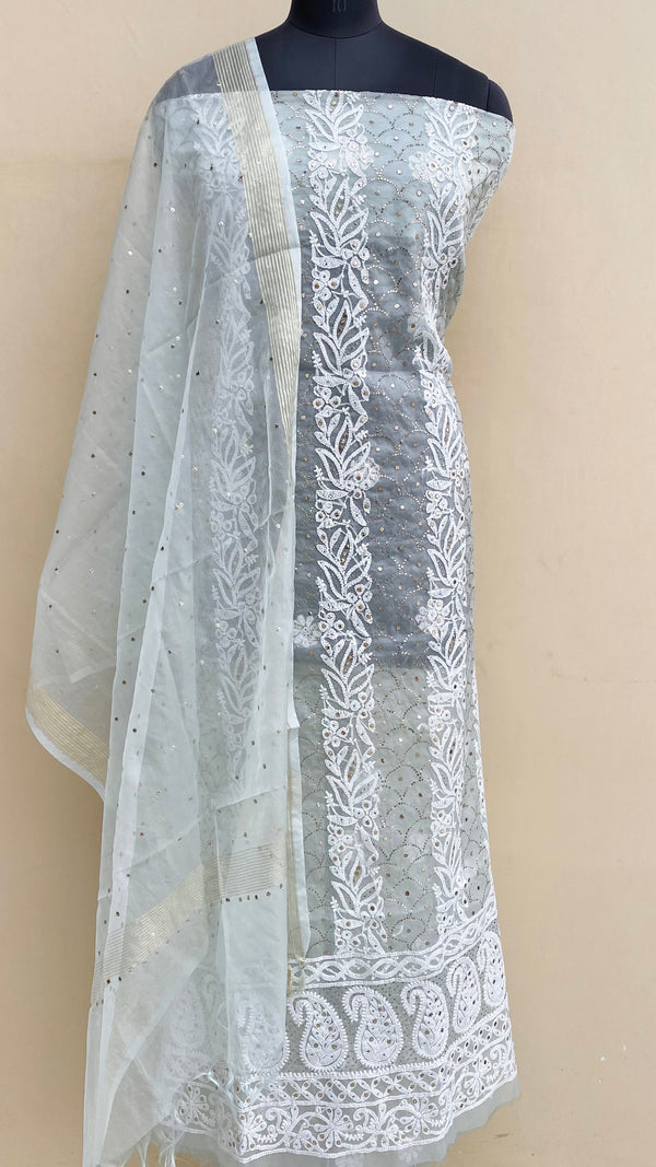 Lucknowi Chikankari Suit Length 2 Piece Sea Green Organza With Mukaish Work