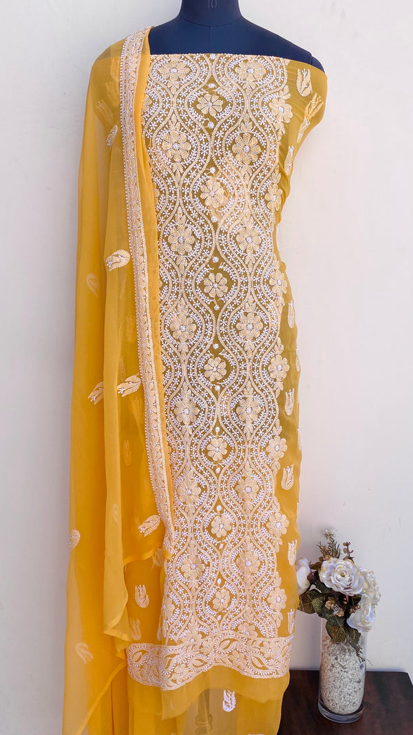 Lucknowi Chikankari Suit Length 3 Piece Mustard Georgette