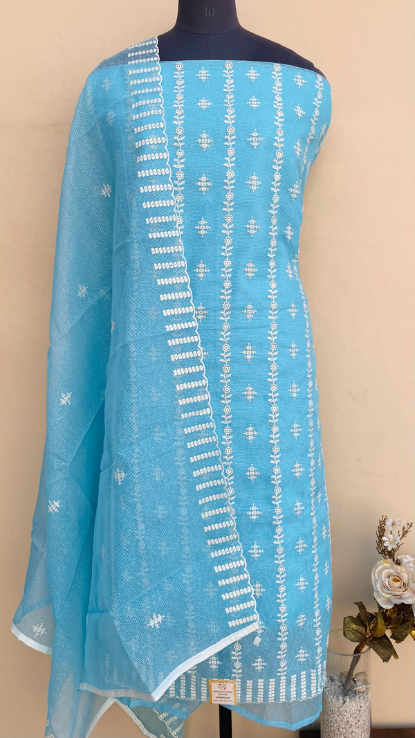 Designer Embroidered Suit Length 3 Piece Blue Kota