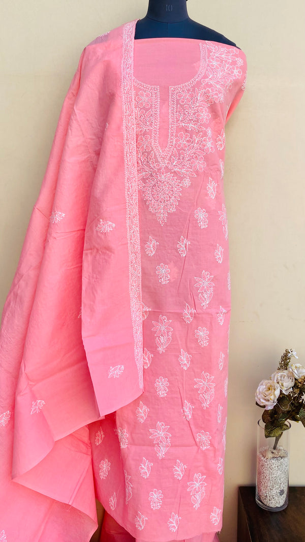 Lucknowi Chikankari Suit Length 3 Piece Gajri Cotton With Embroidered Cotton Dupatta