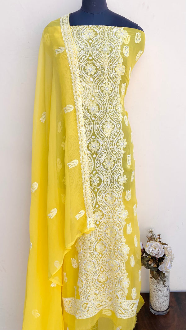 Lucknowi Chikankari Suit Length 3 Piece Yellow Georgette