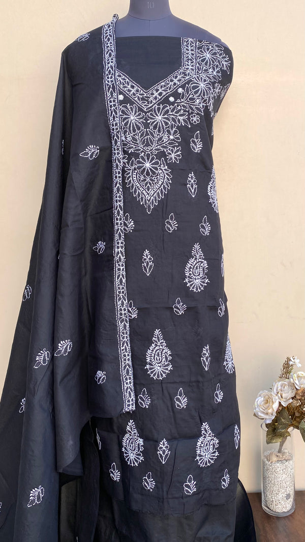 Lucknowi Chikankari Suit Length 3 Piece Black Cotton With Embroidered Cotton Dupatta