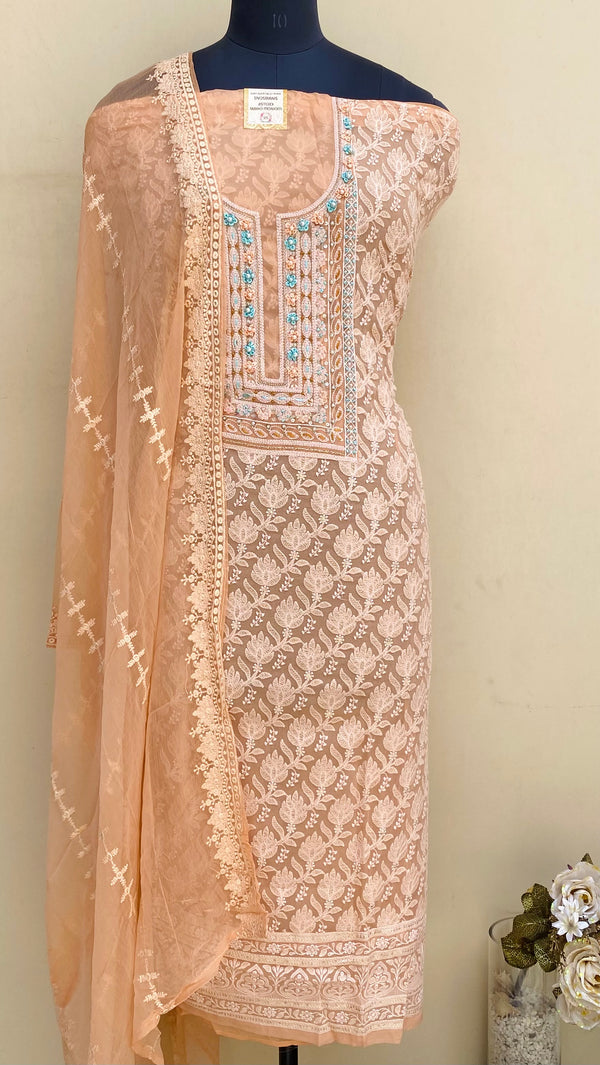 Chikankari Suit Length 3 Piece Peach Georgette With Pearl & Sequence Work