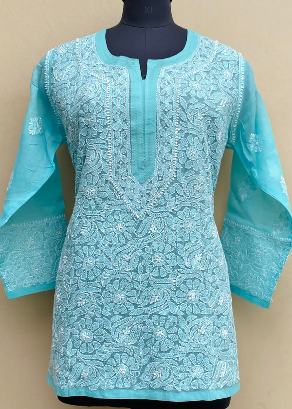 Lucknowi Chikankari Short Kurti Blue Mulmul Cotton