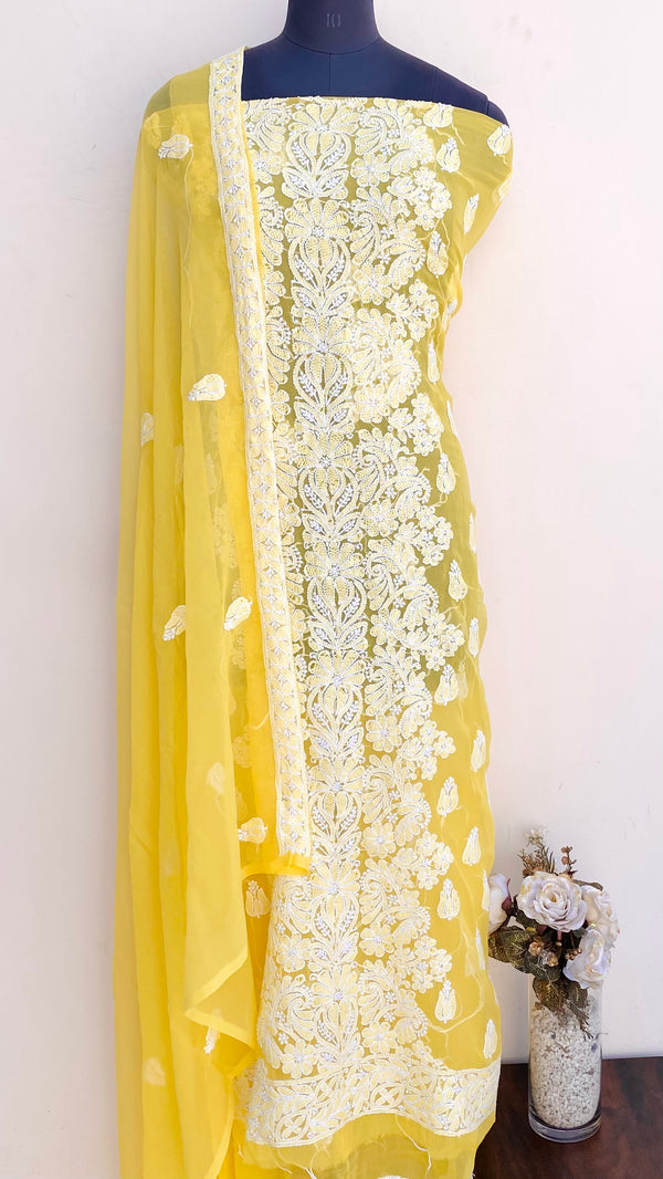 Lucknowi Chikankari Suit Length 3 Piece Yellow Georgette