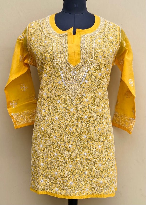 Lucknowi Chikankari Short Kurti Yellow Mulmul Cotton