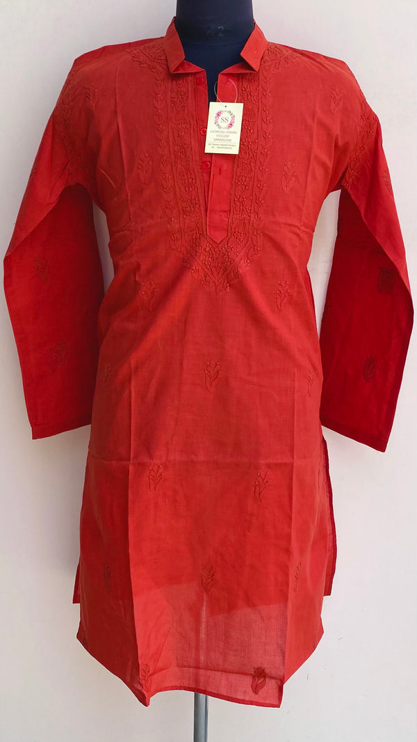 Lucknowi Chikankari Men’s Kurta Rust Cotton With Jaali Work