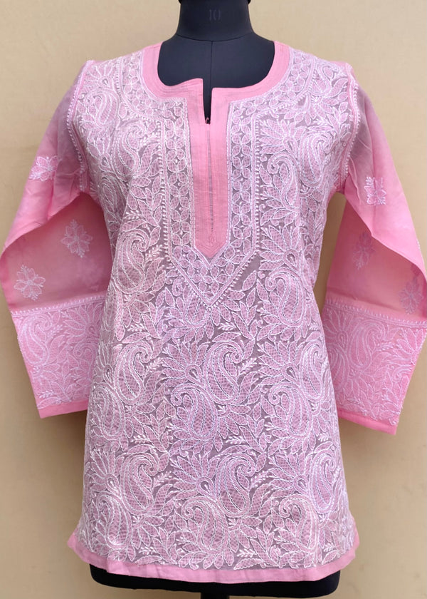 Lucknowi Chikankari Short Kurti Pink Cotton